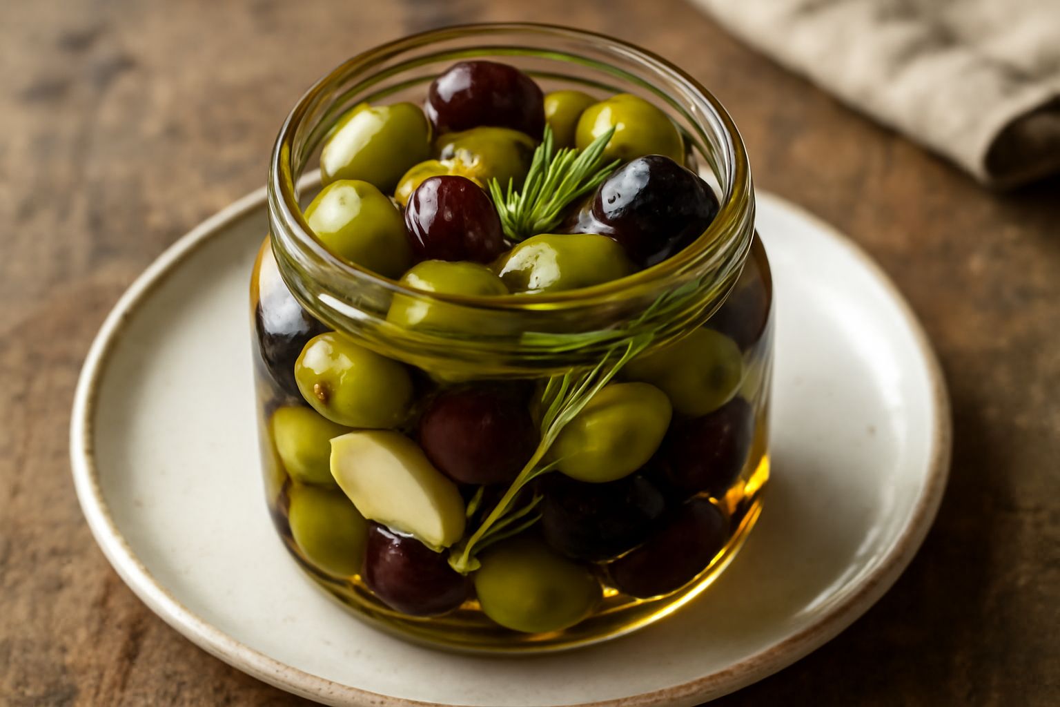 Barattolo di vetro trasparente riempito di olive nere e verdi immerse in olio dorato, con foglie di rosmarino e spicchi di aglio visibili tra il frutto, su fondo di legno rustico