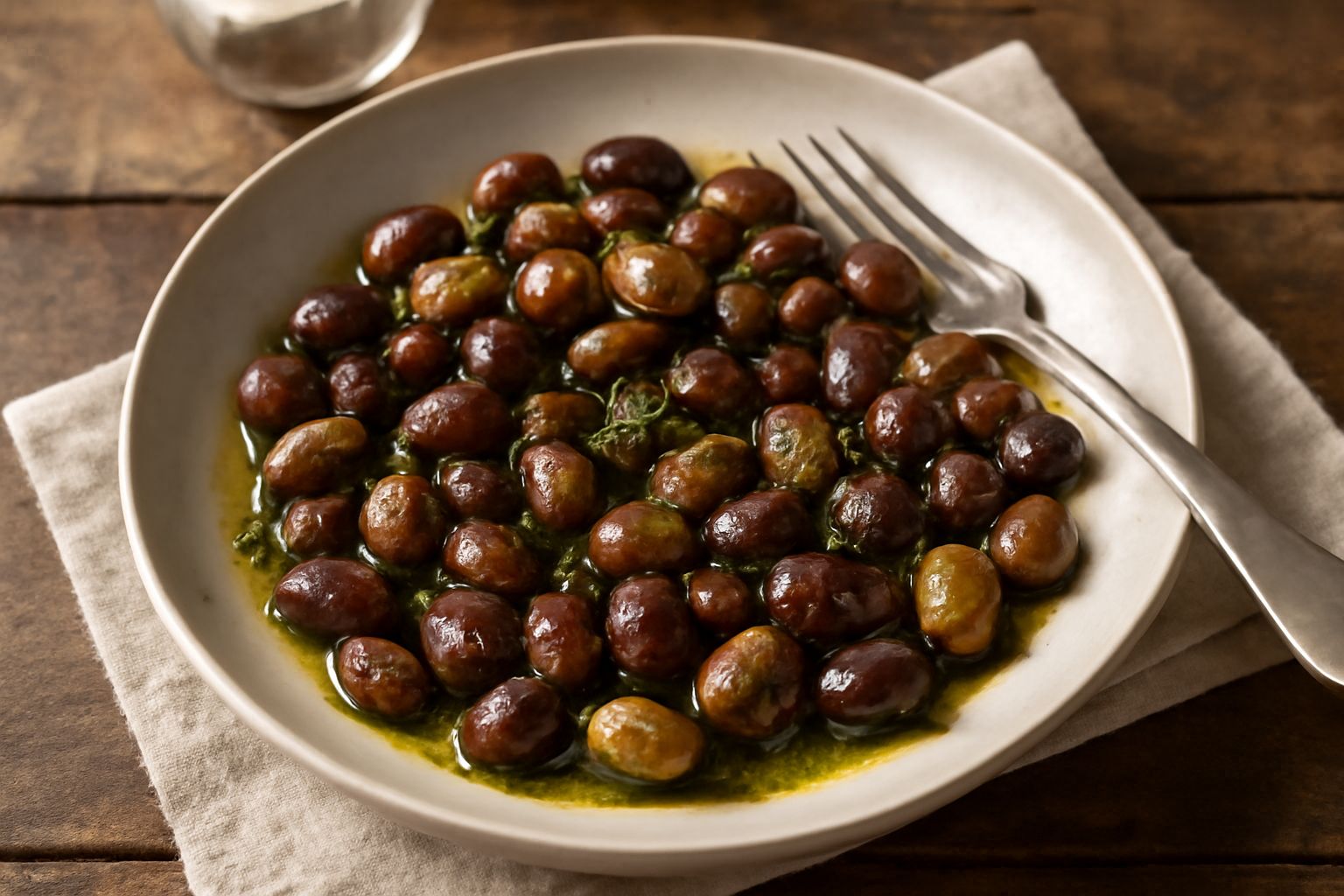 Ciotola bianca con olive taggiasche verdi cotte, condite con olio e prezzemolo fresco, su sfondo di legno naturale