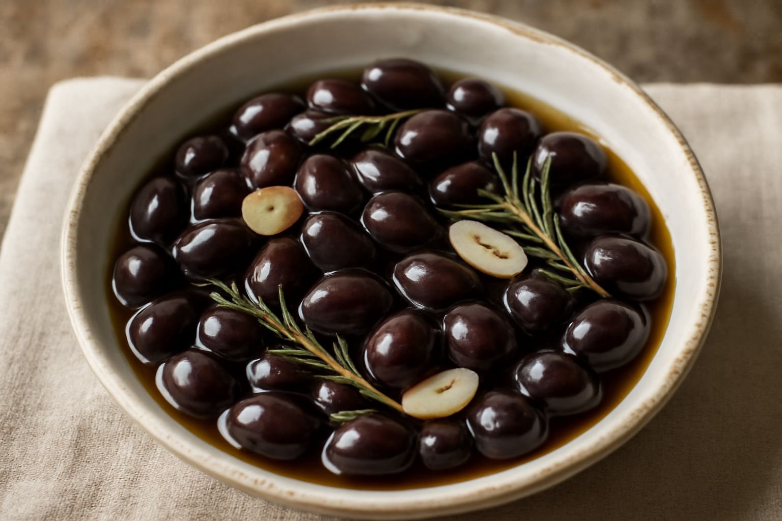 Barattolo di vetro con olive taggiasche nere e brunastre immerse in liquido trasparente, con rametti di rosmarino e qualche spicchio d'aglio visibili tra le olive, su un tavolo di legno chiaro con luc