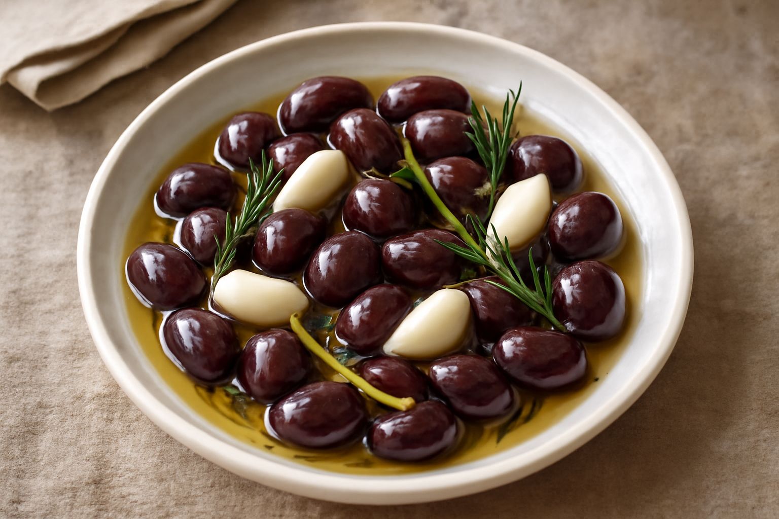 Olive taggiasche nere e lucide disposte in una ciotola di ceramica bianca, ricoperte di marinata trasparente con spicchi d'aglio, rametti di rosmarino e scorza di limone giallo visibili