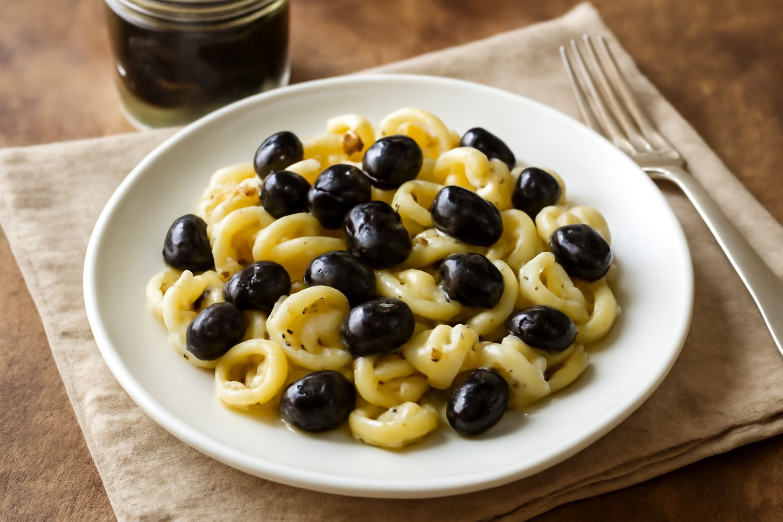 Vaso di vetro trasparente con olive taggiasche nere lucide immerse in salamoia salata, con gocce di sale visibili sul fondo, erbe secche e spicchi di aglio tra i frutti