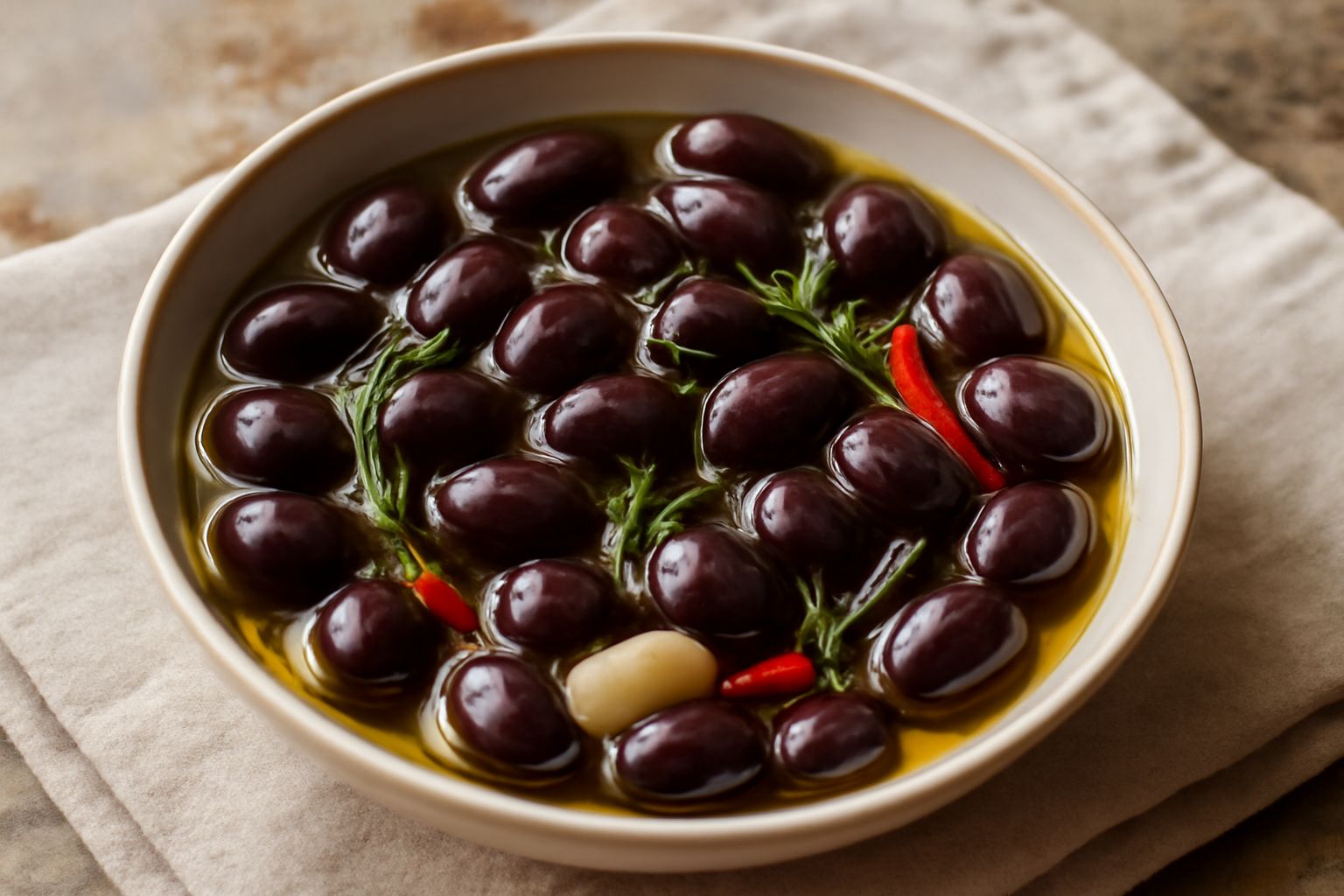 Barattolo di vetro con olive taggiasche nere lucide immerse in olio trasparente, rametti di rosmarino e aglio spicchi visibili tra le olive, sfondo bianco