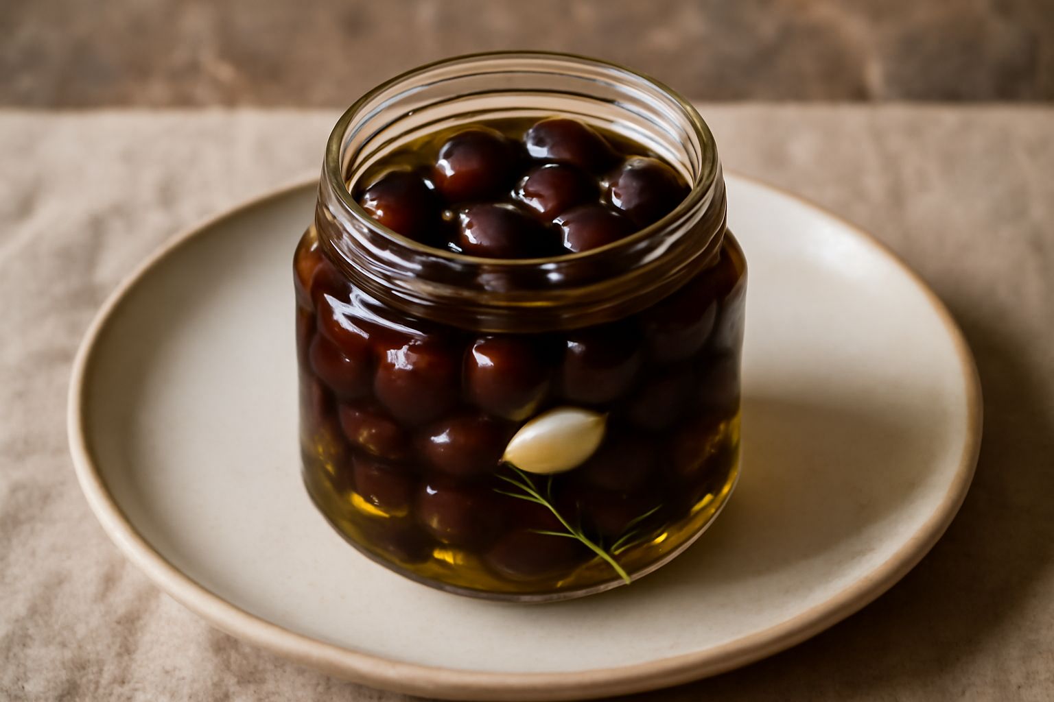 Vasetto di vetro con olive taggiasche nere sott'olio extravergine, rosmarino fresco e aglio, sfondo neutro