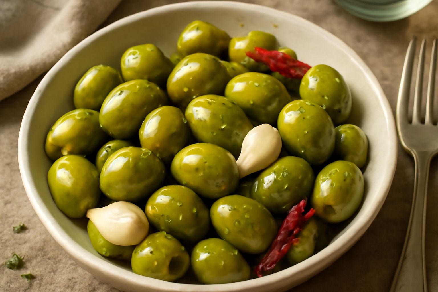 Ciotola di ceramica bianca piena di olive verdi lucide, con spicchi di aglio, peperoncini rossi e foglie di rosmarino sparse intorno, su sfondo di marmo grigio