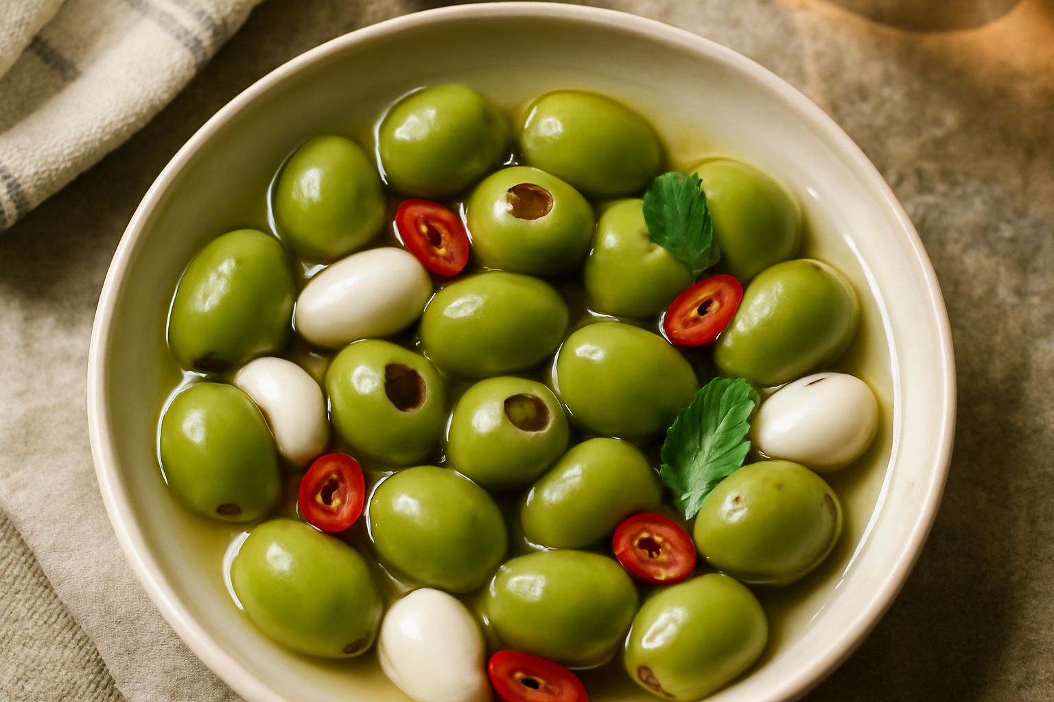 Olive verdi brillanti in barattolo di vetro con salamoia trasparente, foglie di alloro, spicchi d'aglio e peperoncino rosso, su fondo di marmo chiaro con luce naturale