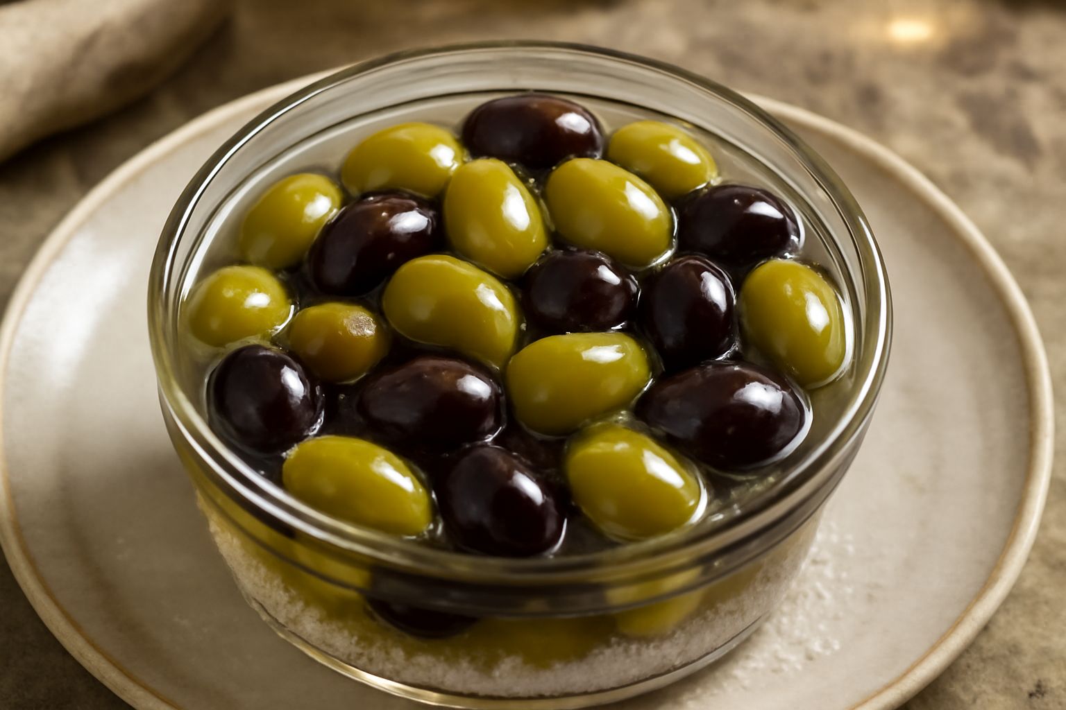 Ciotola di ceramica con olive verdi e nere sotto sale, liquido trasparente con cristalli di sale visibili, fondo grigio neutro, luce naturale da sinistra