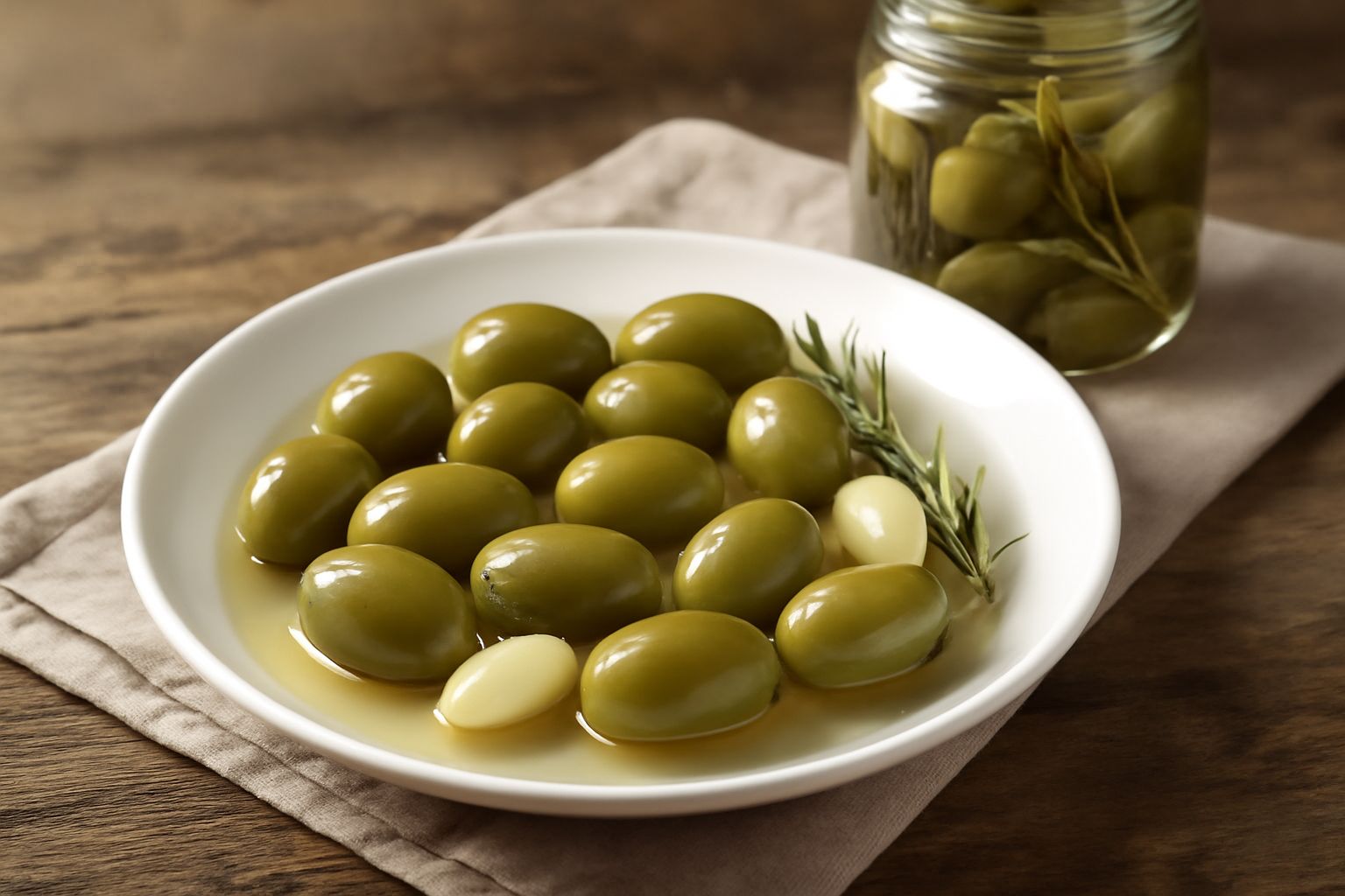 Olive verdi brillanti in salamoia dentro un vasetto di vetro trasparente, con rametti di rosmarino e peperoncino rosso, acqua trasparente salina, viste da vicino con profondità di campo
