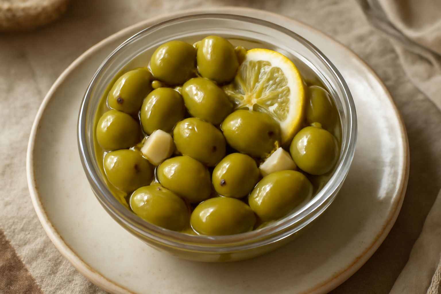 Olive verdi lucide in una ciotola di vetro con aglio spicchi, fettine di limone e rametti di rosmarino, immerse in olio trasparente, su fondo grigio con un cucchiaio di legno