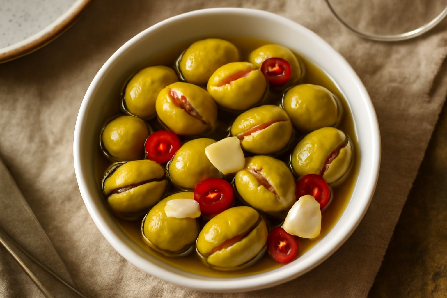 Olive verdi schiacciate in una ciotola di vetro con spicchi d'aglio, peperoncini rossi e rametti di rosmarino, coperte da olio trasparente dorato