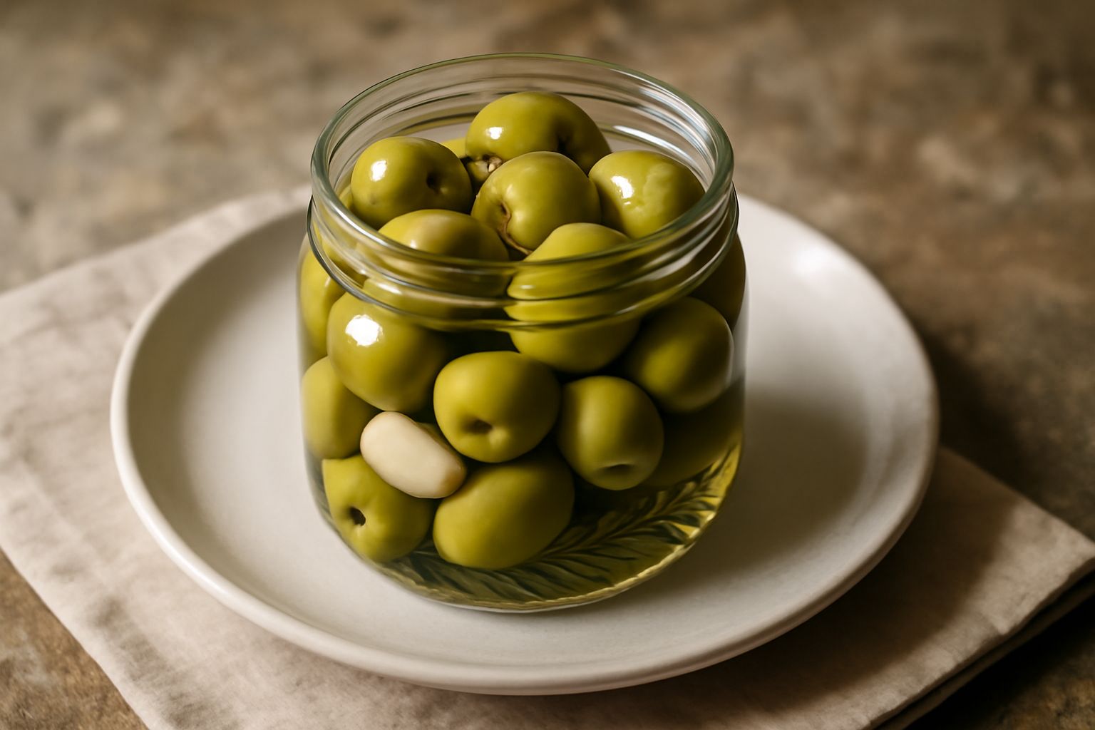 Barattolo in vetro trasparente pieno di olive verdi brillanti immerse in aceto chiaro con spicchi di aglio e un rametto di rosmarino fresco, posato su un piano di marmo bianco con luce naturale