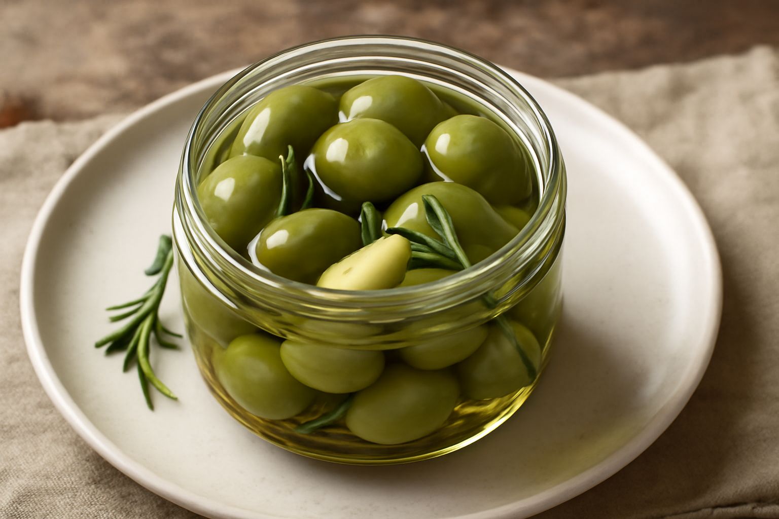 Barattolo di vetro con olive verdi sott'olio, immerse in olio trasparente con spicchi di aglio e rametti di rosmarino, su fondo bianco