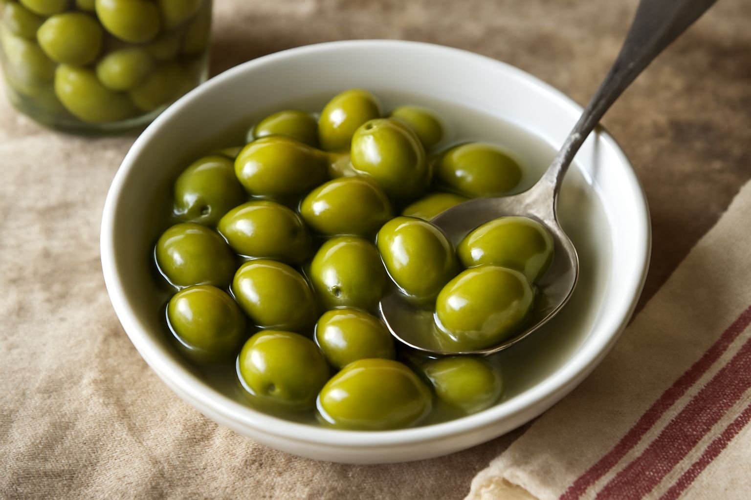 Olive verdi intere in salamoia dentro un barattolo di vetro trasparente con acqua salata, foglie di alloro e rametti di rosmarino visibili, sfondo bianco