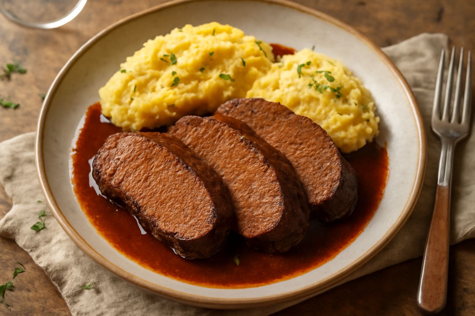 Un brasato affettato in un piatto bianco con sugo rosso scuro, contorno di purea di patate color crema, accompagnato da un bicchiere di vino rosso profondo