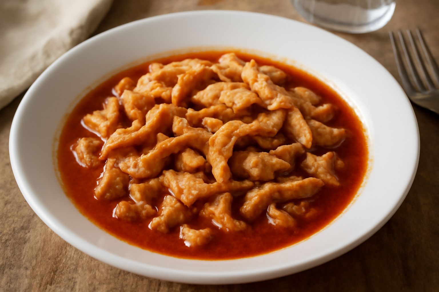 Omaso ripassato in un piatto bianco: pezzi di trippa bovina morbida e beige nel sugo di pomodoro rosso scuro con cipolla trasparente, cosparso di prezzemolo verde, servito caldo con contorno di pane s