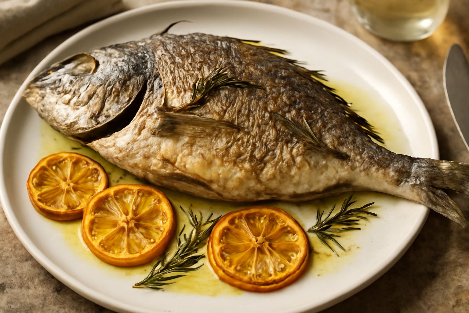 Orata intera dorata in teglia con limone a fette, rosmarino fresco e gocce di olio d'oliva, servita su piatto bianco con contorno di verdure grigliate
