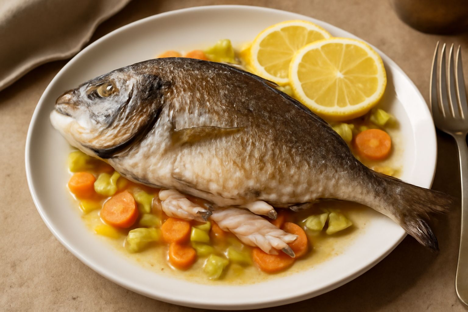 Orata intera cotta al forno su un piatto bianco, con buccia dorata e croccante, contornata da fette di limone, sedano e rametti di prezzemolo fresco