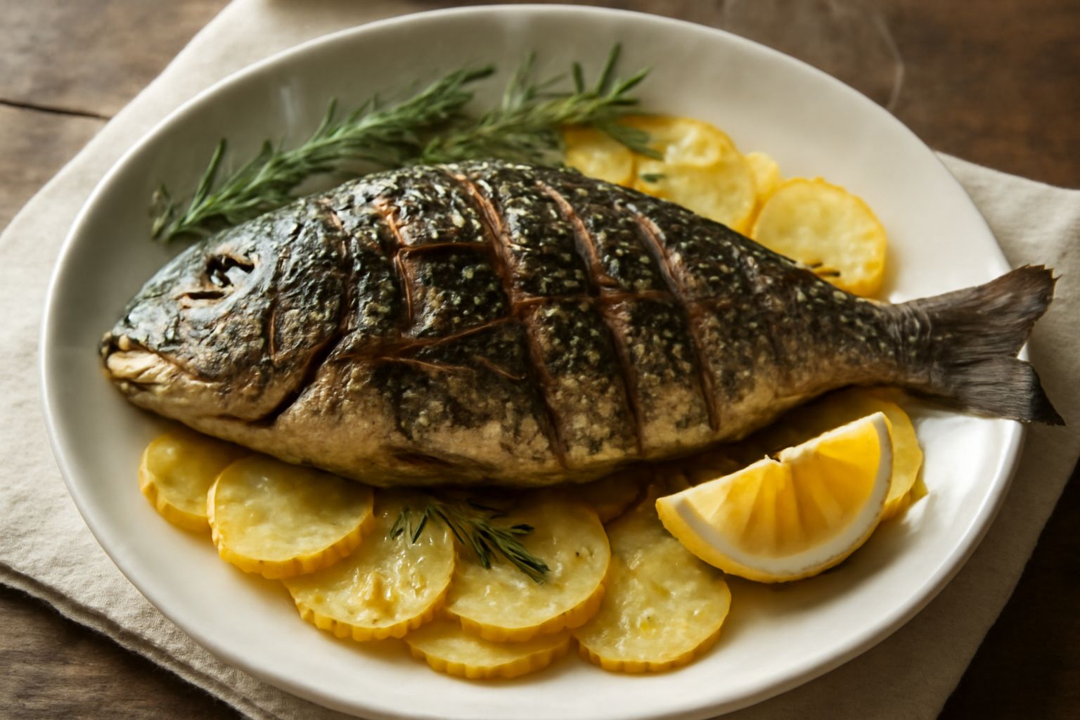 Orata intera al forno su un piatto ovale bianco, con limone a fette, rosmarino e timo visibili sulla pelle dorata, contorno di patate dorate, vapore leggero