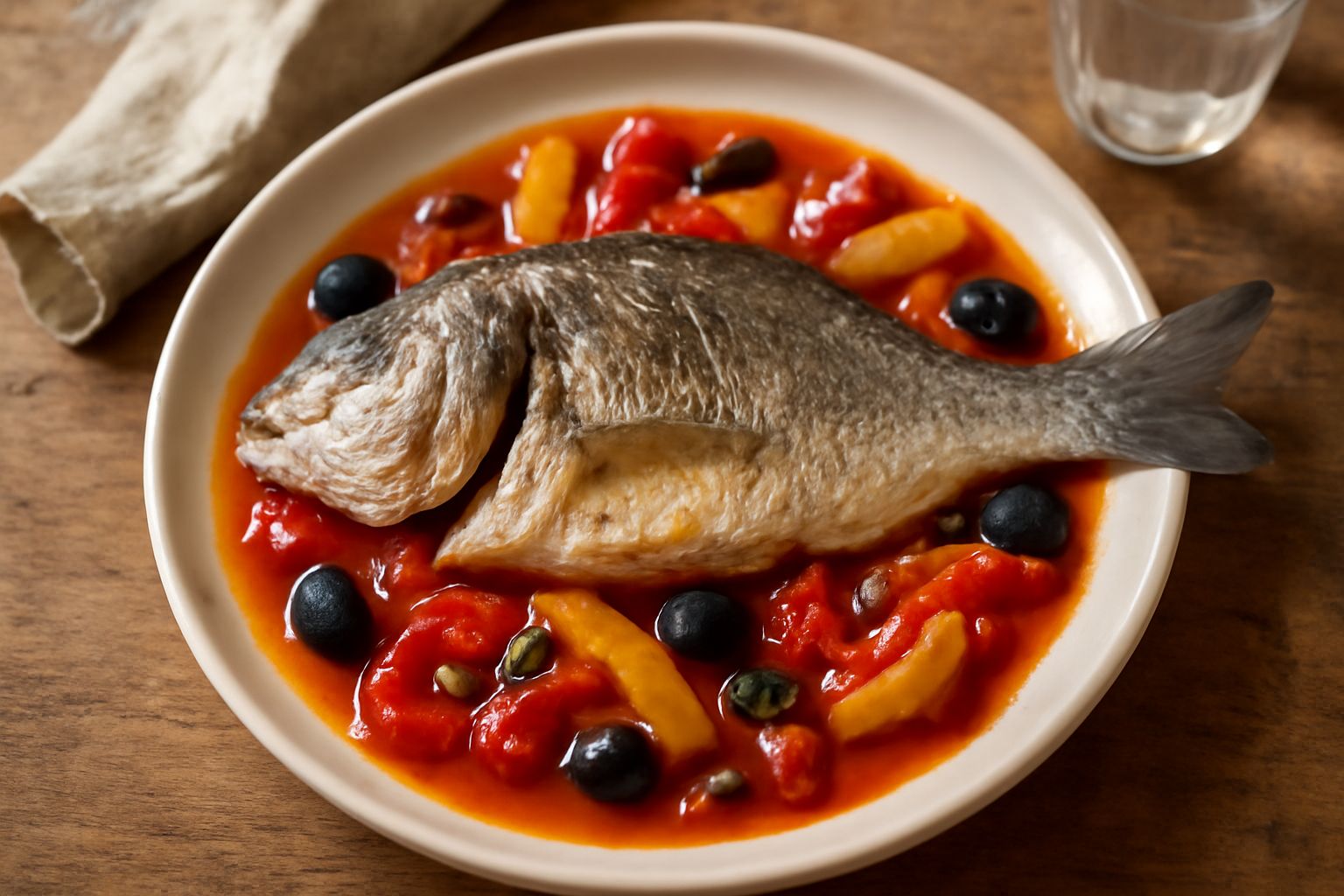 Orata intera cotta in umido in un piatto bianco fondo, circondata da peperoni rossi e gialli, pomodori pelati rossi, olive nere e capperi verdi, con brodo ricco visibile intorno al pesce, guarnito con