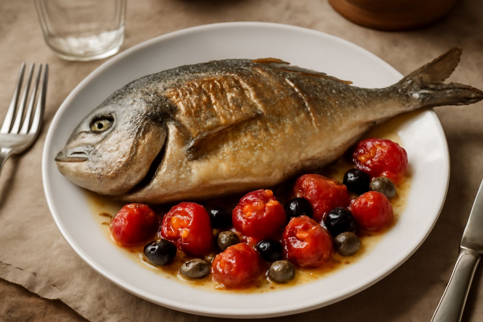 Orata intera dorata cotta al forno, circondata da pomodori rossi, olive nere e capperi, su un piatto bianco con contorno di insalata verde fresca