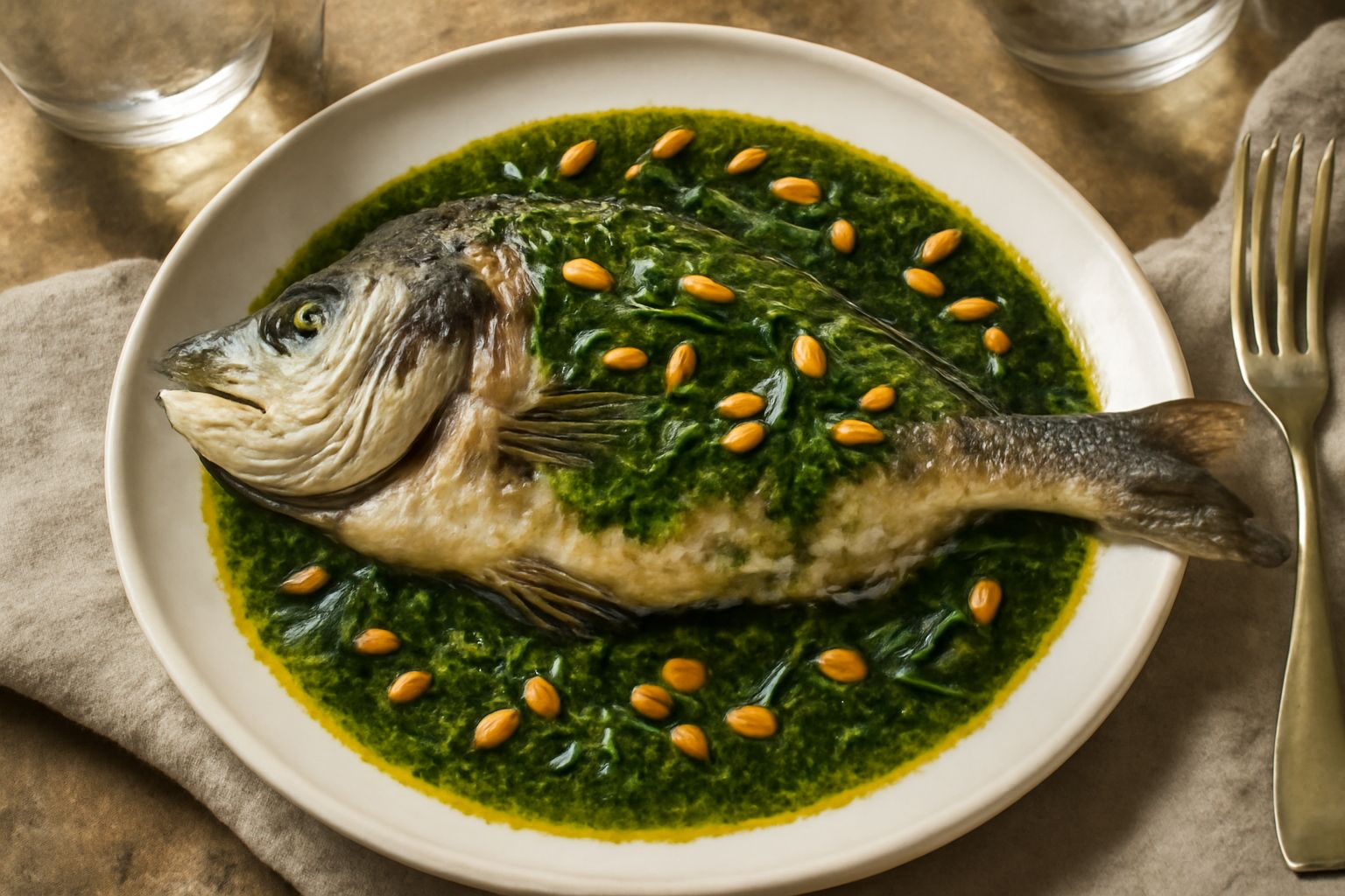 Orata intera cotta al forno su piatto bianco, circondata da salsa verde scuro con pinoli visibili, limone affettato, basilico fresco e contorno di verdure grigliate