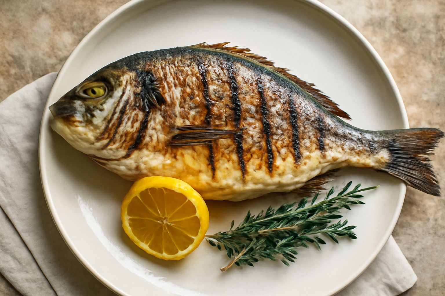 Orata dorata e croccante sulla griglia, con striature di fuoco scuro, contornata da fette di limone, rosmarino e timo freschi, su un piatto bianco