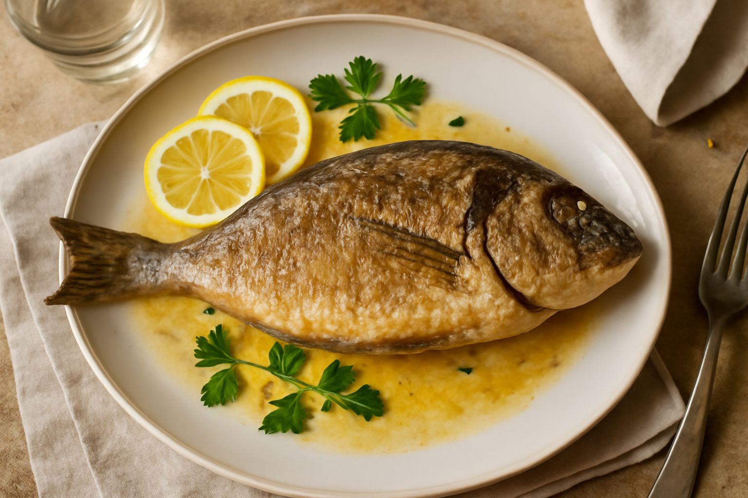 Orata intera dorata e croccante, servita nel piatto bianco con fette di limone, prezzemolo fresco e contorno di verdure bollite