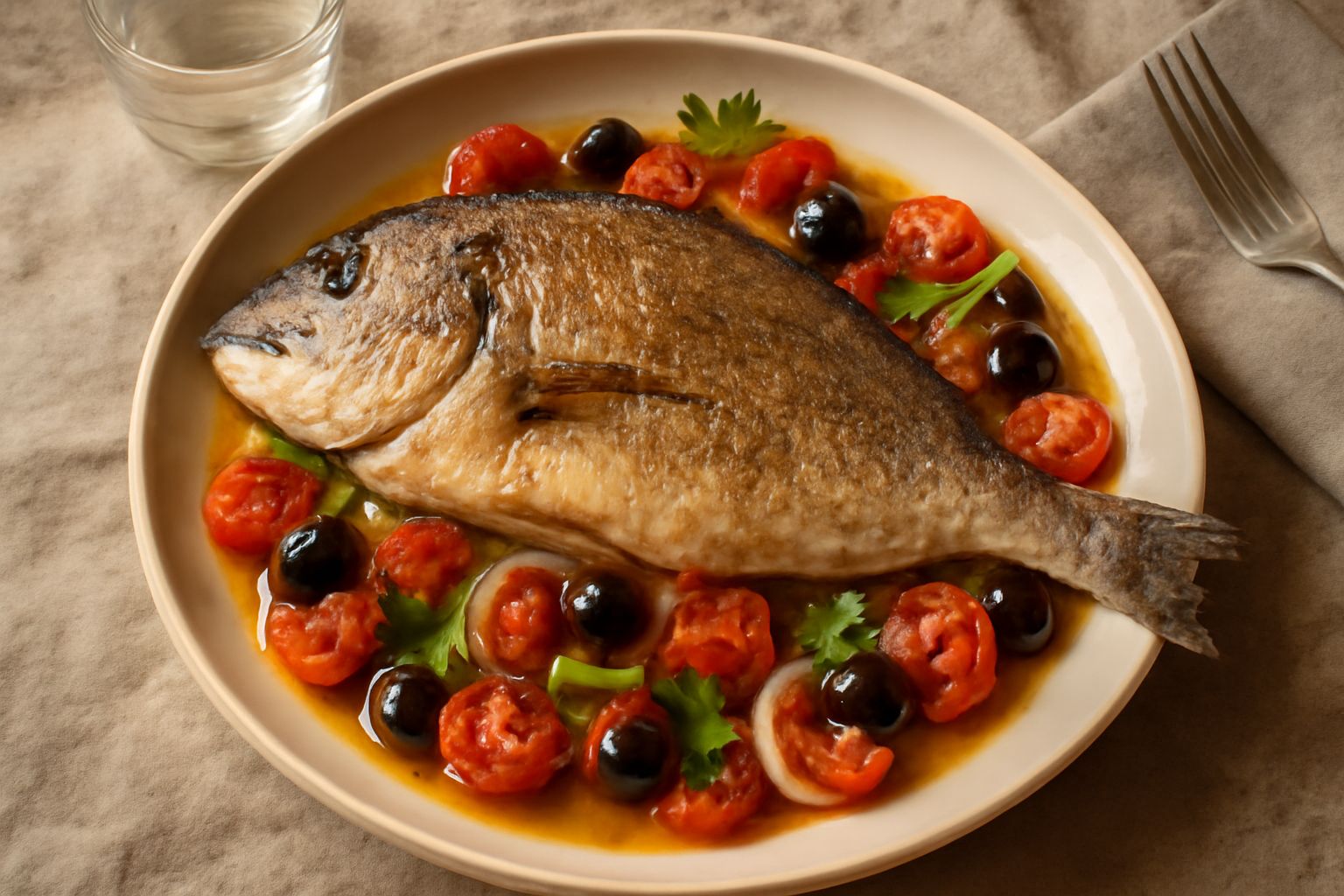 Orata intera dorata al forno su un piatto bianco, circondata da pomodori rossi tagliati, olive nere, prezzemolo fresco verde e limone affettato, con un filo di olio d'oliva lucido