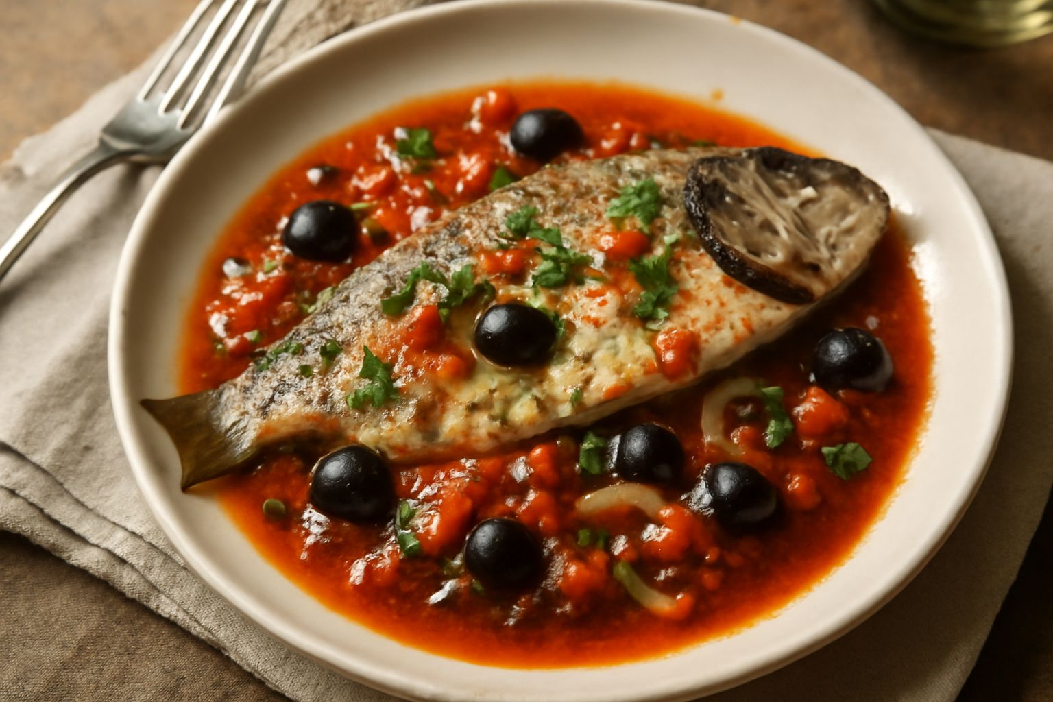 Orata intera dorata cotta al forno in una pirofila bianca, circondata da pomodori rossi spezzati, olive nere brillanti, cipolla bianca sottile, prezzemolo fresco verde. Il liquido di cottura trasparen