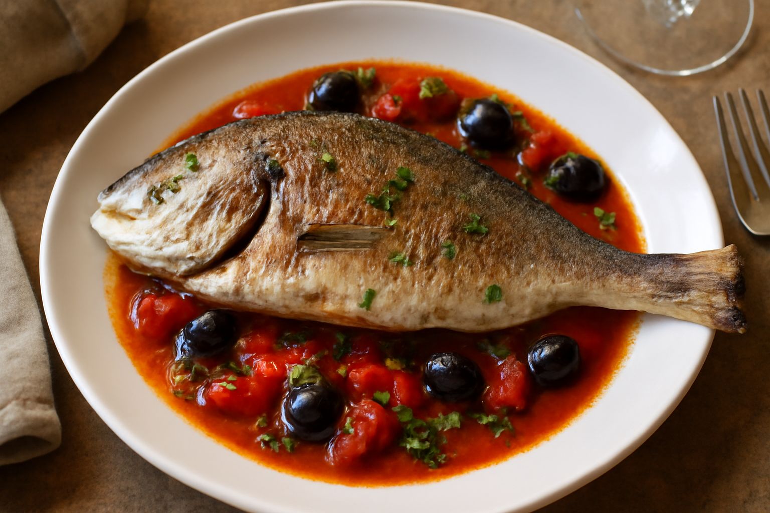 Orata intera dorata in padella con pomodori rossi, olive nere e prezzemolo fresco, circondata da olio e aglio rosso, servita su piatto bianco