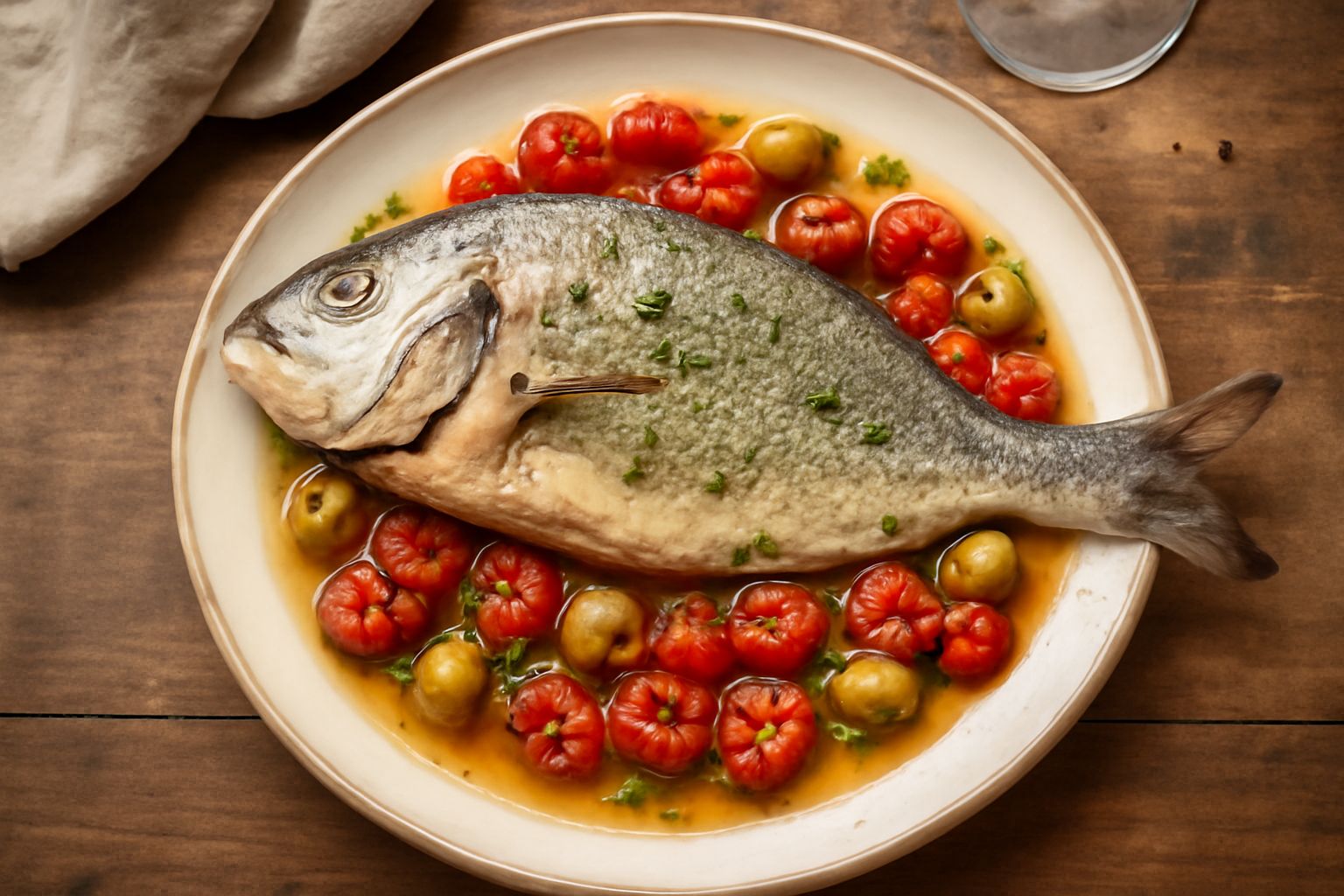 Orata intera dorata al forno in piatto bianco, circondata da pomodorini caramellati, olive verdi e liquido di cottura trasparente, guarnita con prezzemolo fresco