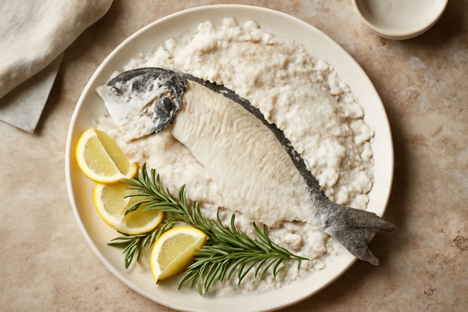 Un'orata intera dorata avvolta in una crosta salata screpolata, servita su un piatto bianco con spicchi di limone e rosmarino fresco ai lati