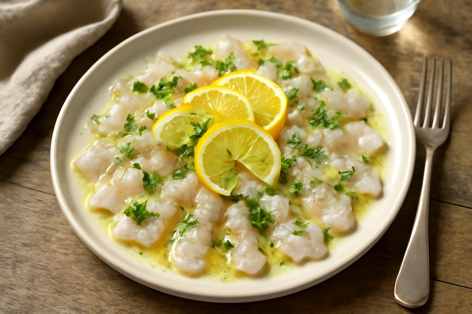 Filetti di orata cruda bianca e rosata disposti in un piatto bianco con limone fresco tagliato e erbe aromatiche verdi sparse attorno