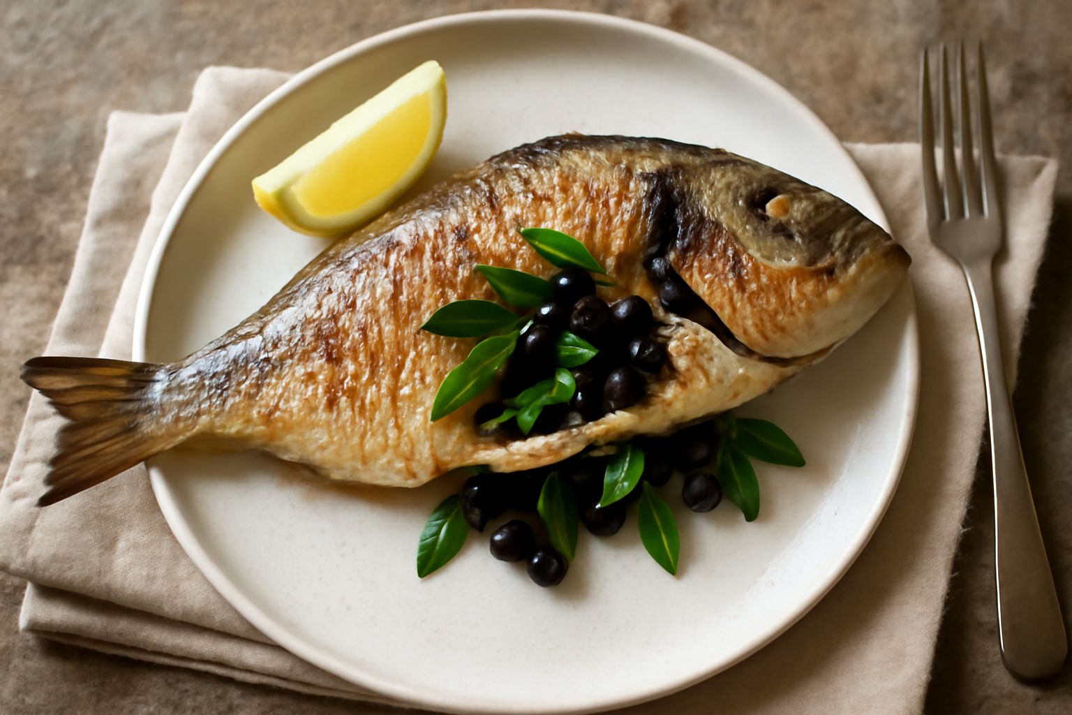 Orata intera dorata al forno, servita nel piatto bianco con contorno di limone tagliato a metà, bacche di mirto scuro visibili nella cavità aperta del pesce, guarnita con rami di mirto fresco verde