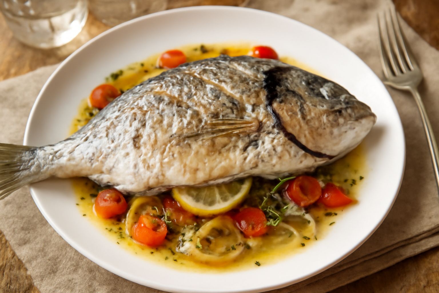 Orata intera dorata al forno in una teglia bianca, contornata da limone tagliato a fette, olive verdi e rosmarino fresco su sfondo grigio