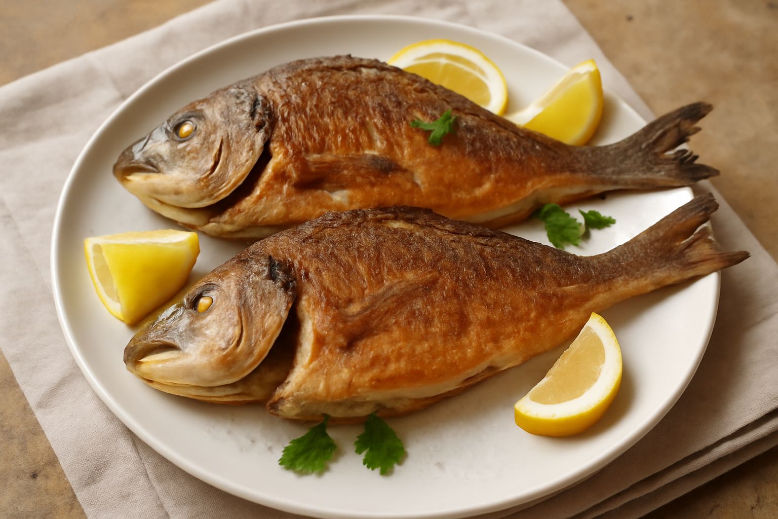 Orate fritte dorate e croccanti in un piatto bianco con limone fresco e prezzemolo, contorno di insalata verde leggera