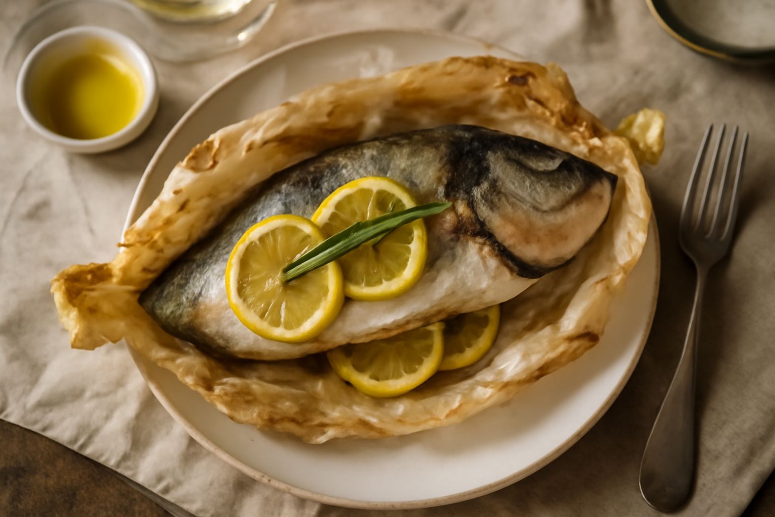 Orata intera dorata cotta in cartoccio di carta forno parzialmente aperto, circondata da fette di limone, rametti di rosmarino e prezzemolo fresco su piatto bianco
