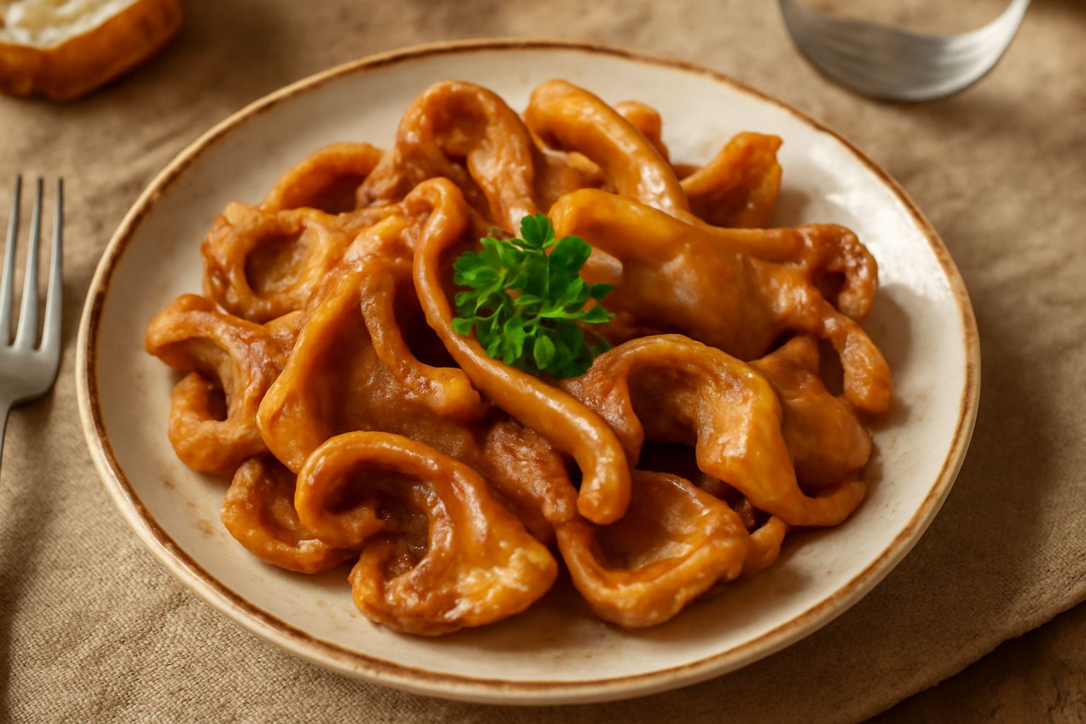 Orecchie di maiale dorate e croccanti in padella di ferro, ancora umide dal brodo di cottura, con spicchi di aglio dorato e peperoncino rosso fresco ai lati