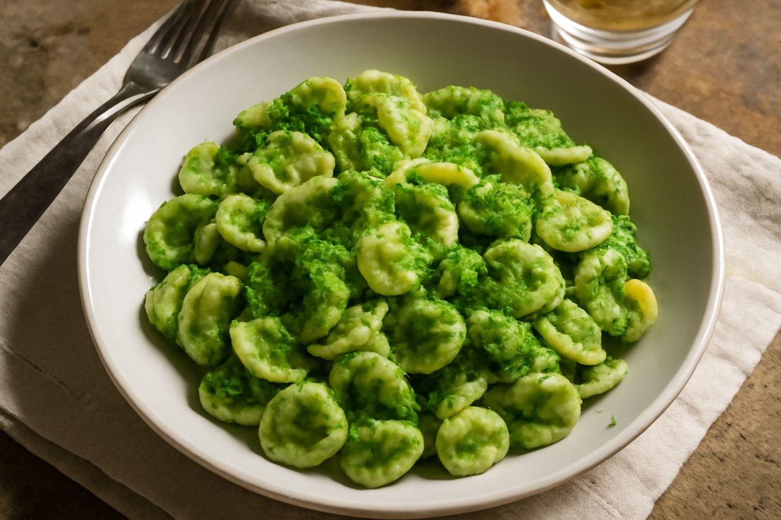 Piatto di orecchiette al broccolo: pasta verde e bianca condita con broccoli croccanti, aglio dorato e olio d'oliva, presentata in una ciotola bianca su tavolo di legno