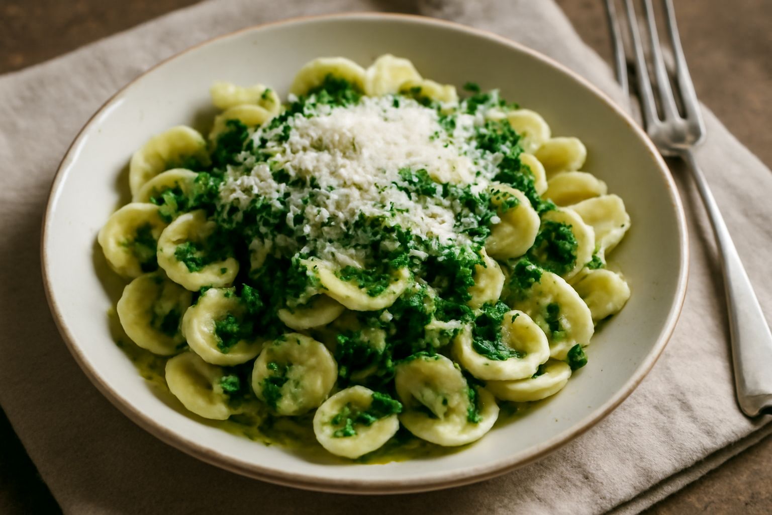 Piatto bianco con orecchiette ai broccoli verdi e teneri, condite con olio d'oliva, spolverate di parmigiano grattugiato, con uno spicchio d'aglio a lato