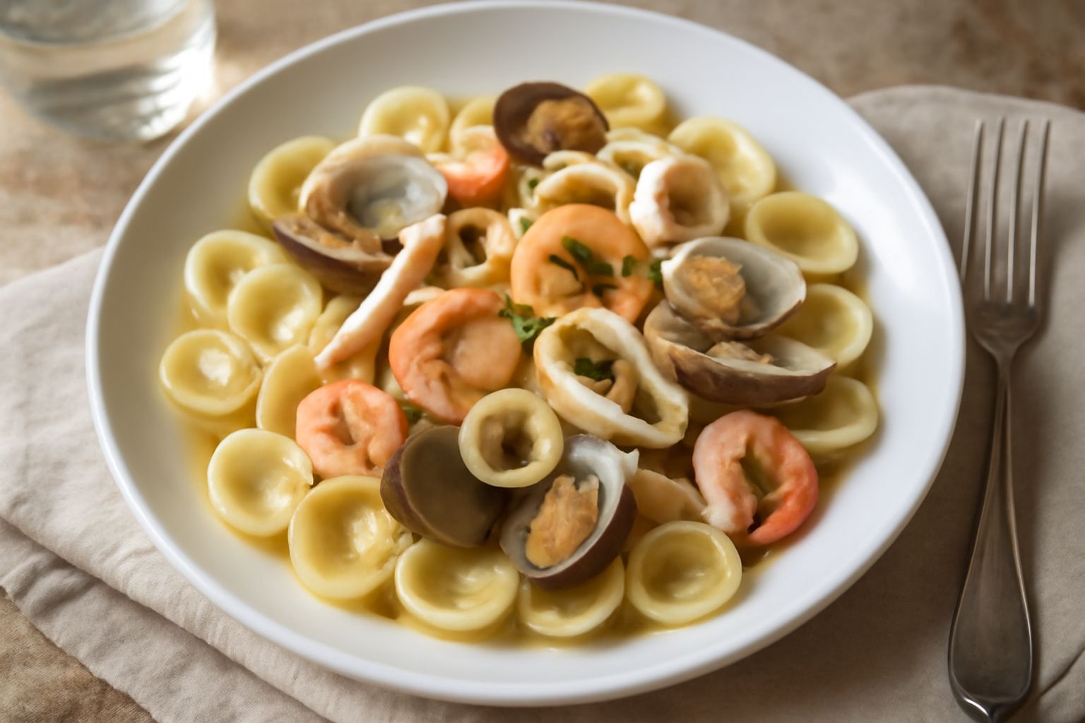 Piatto di orecchiette ai frutti di mare: pasta a forma di orecchie ricoperta da sugo trasparente con vongole aperte, gamberetti rosa e striscioline di calamari bianchi, guarnito con prezzemolo fresco 