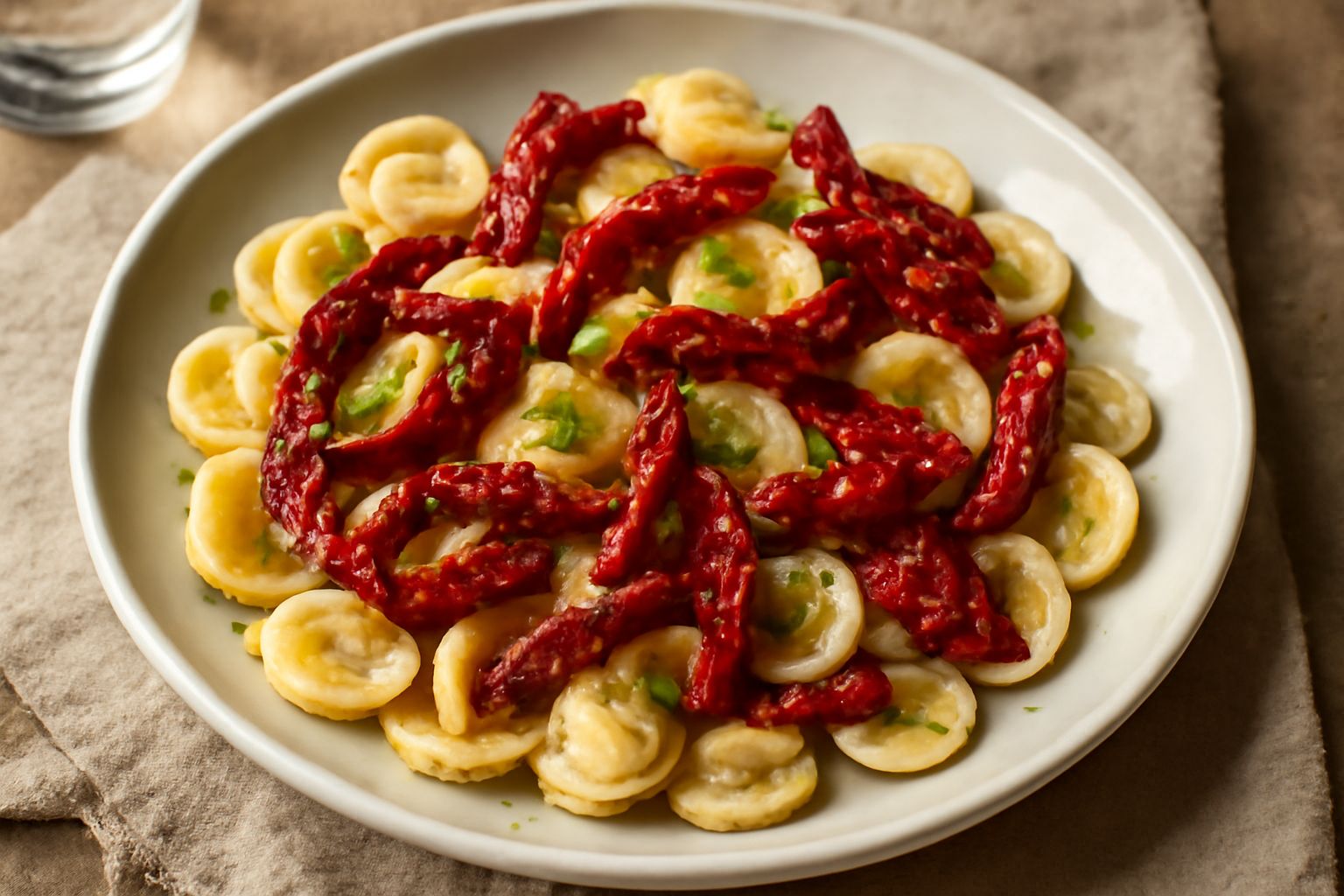 Piatto di orecchiette condite con peperoni rossi secchi reidratati, tagliati a strisce, aglio e prezzemolo fresco. Pasta cremosa e ondulata nei toni del rosso e bianco sporco, servita in ciotola di ce