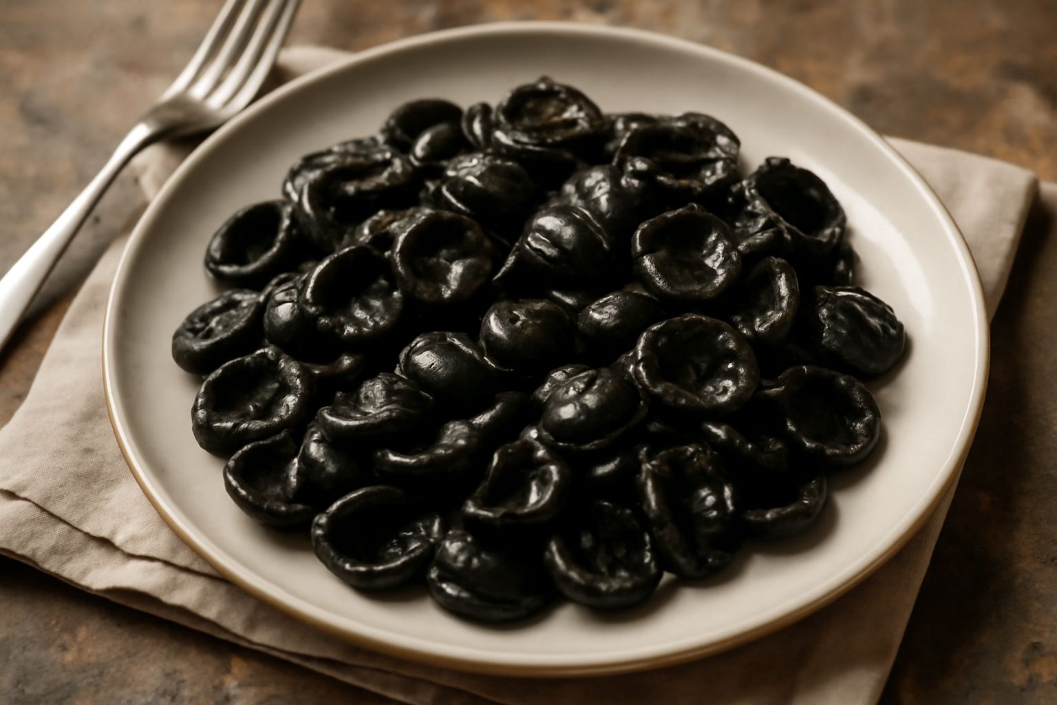 Piatto di orecchiette nere condite con ragù di seppia, garnite con prezzemolo fresco e filo d'olio, su tavolo di legno chiaro