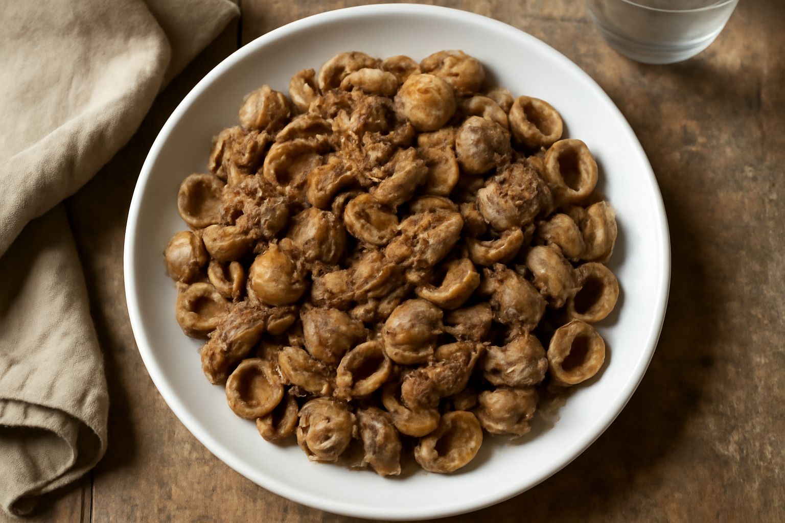 Piatto di orecchiette condite con ragù di agnello scuro e denso, pasta a forma di piccole orecchie ben trattenuta dal sugo denso e profumato, decorato con piccoli pezzi di agnello visibili, spolverato