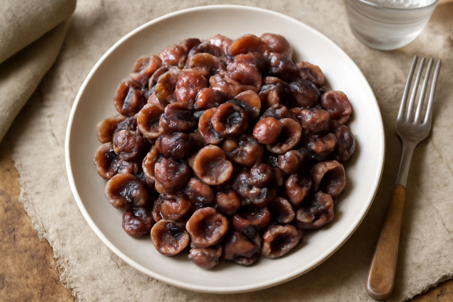 Piatto di orecchiette al sugo di melanzane color viola e rosso scuro, rigate di olio e parsemonia di basilico fresco, servite in ciotola bianca su tavolo di legno