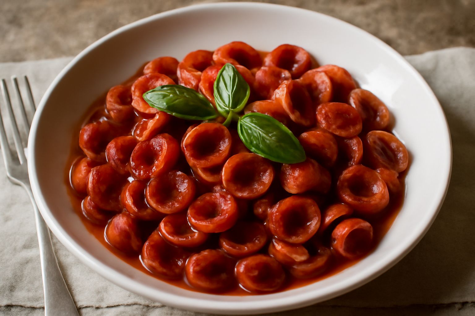 Piatto di orecchiette rosse di sugo di pomodoro, guarnito con basilico verde fresco, grana grattugiato bianco e un filo d'olio, servito in ceramica bianca su tavolo di legno