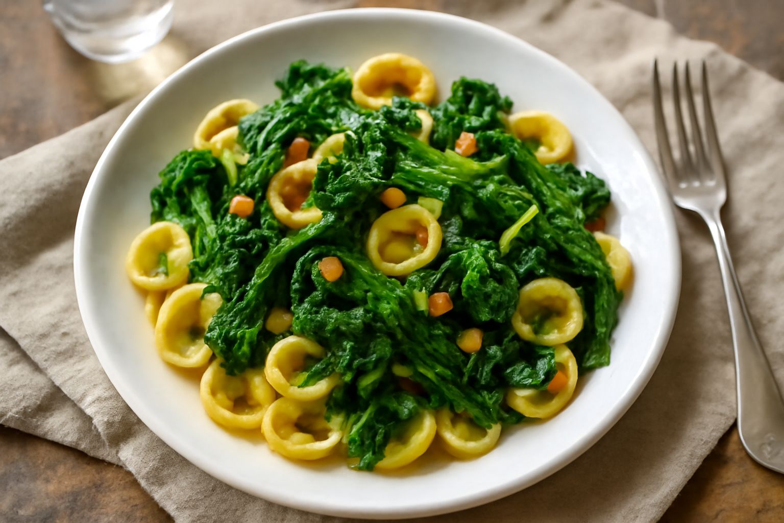 Piatto di orecchiette cotte condite con cime di rapa verde scuro e aglio dorato, olio lucido sulla superficie, pezzi di peperoncino rosso visibili, servito in piatto bianco fondo