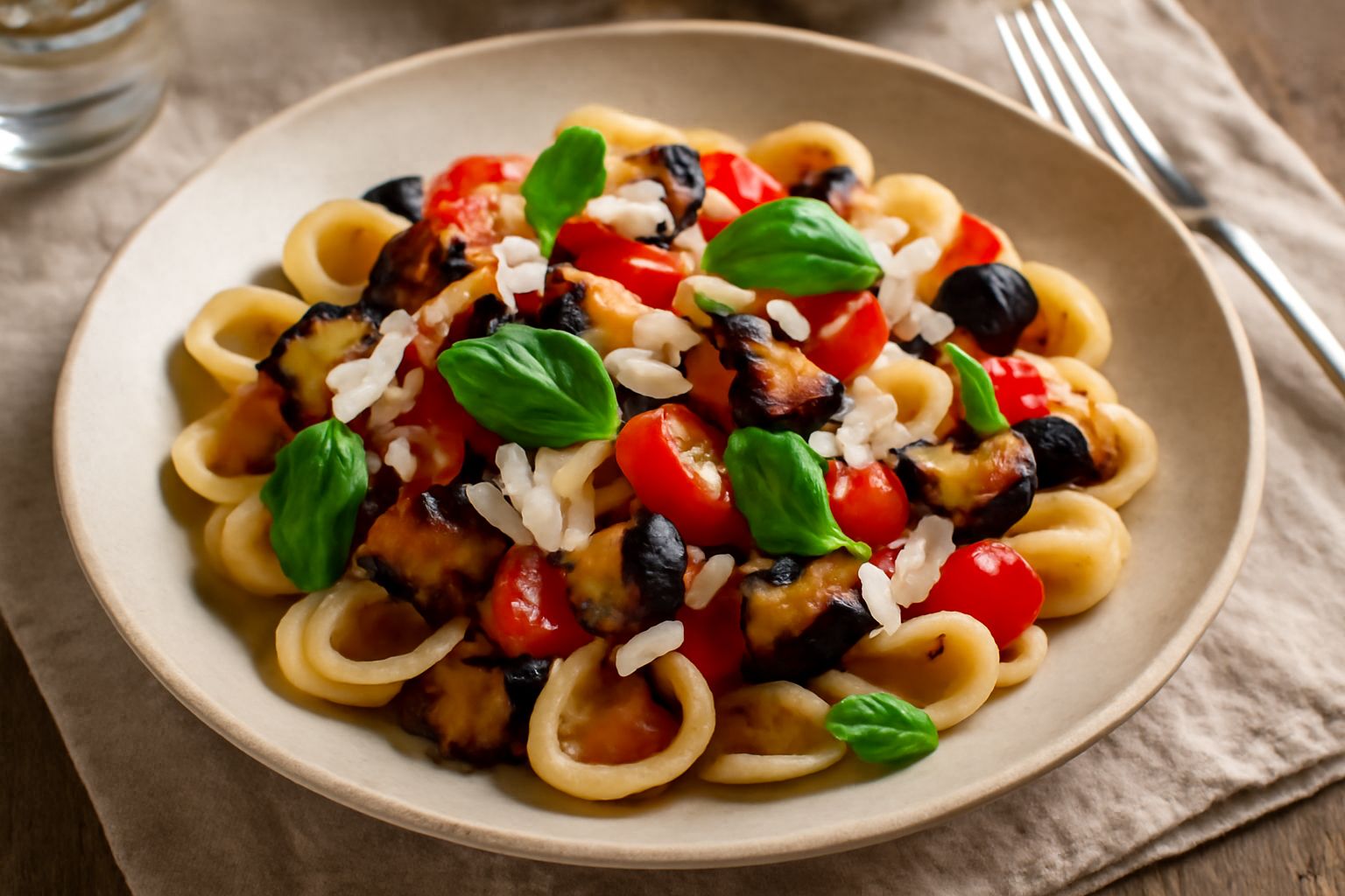 Piatto bianco con orecchiette condite di melanzane a cubetti dorate, pomodori rossi, pezzi bianchi di ricotta salata e foglie verdi di basilico fresco, condimento rosso e rame visibile