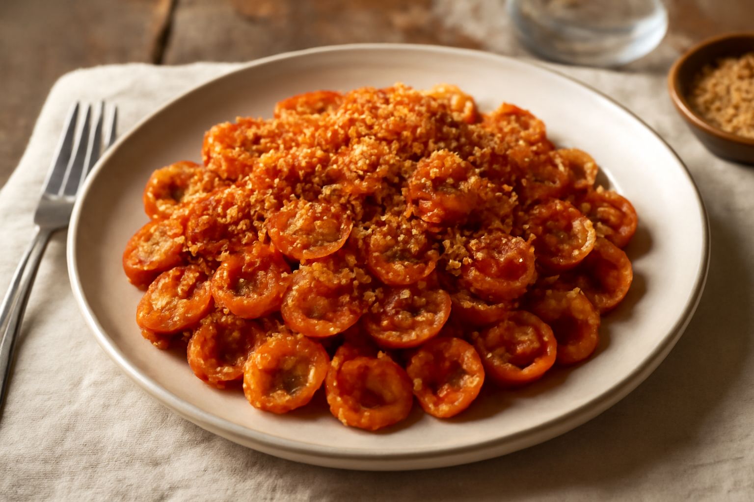 Orecchiette alla tarantina in piatto bianco, pasta dorata con pomodori rossi, pangrattato croccante sparso in superficie, acciughe visibili tra la pasta, niente salsa cremosa.