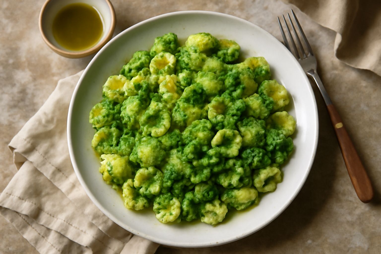 Piatto di ceramica bianca con orecchiette alle broccole, pasta color ambra con broccoli verdi intenso, filo di olio d'oliva, peperoncino rosso, porzione abbondante e fumante