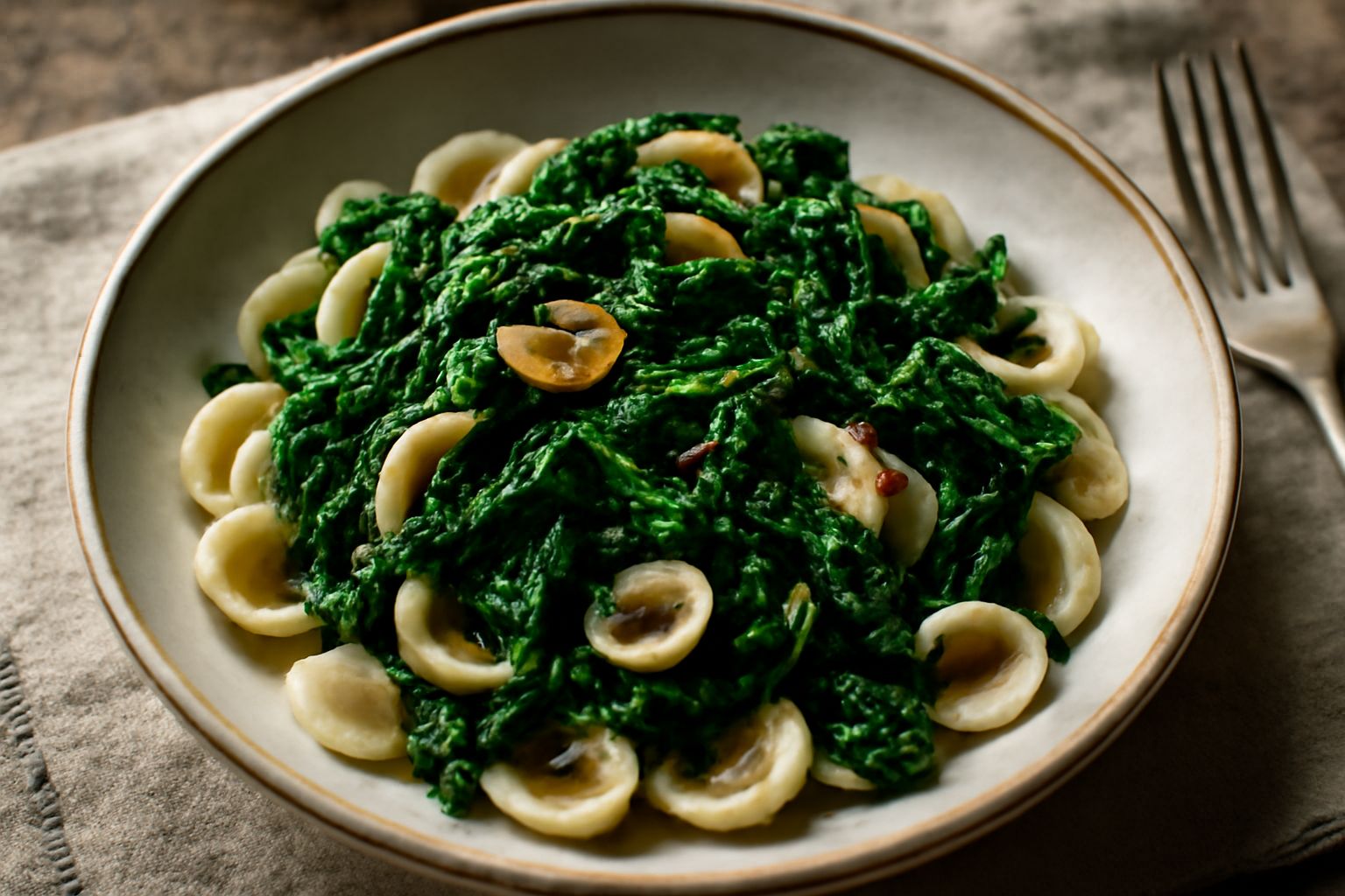 Orecchiette pasta bianca condite con cime di rapa verde scuro, aglio dorato e gocce di olio, servite in piatto bianco con peperoncino rosso tritato in superficie